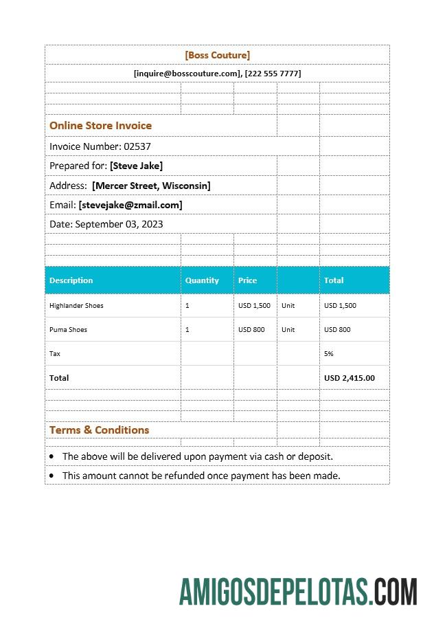 para download Modelo de fatura de loja online